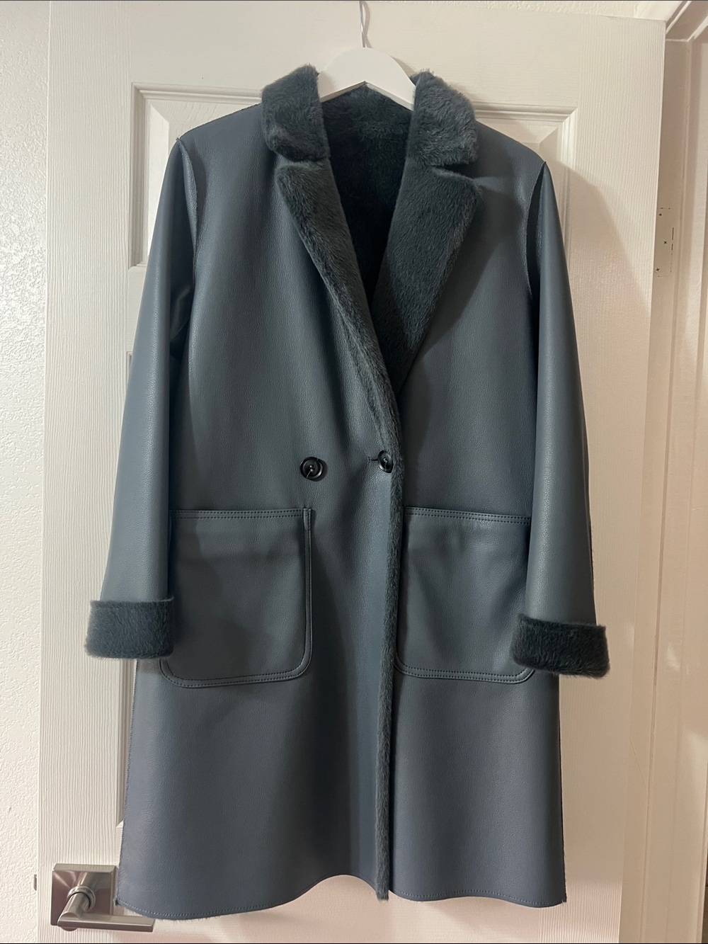 Womens Faux Shearling Trim Coat - Dark Gray